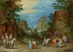 Jan Brueghel the Elder, Village Street with Dancing Peasants, Oil on copper