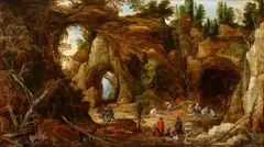 Joos de Momper Jan Brueghel the Elder, Rocky Landscape with Figures by a Cave, Oil on panel