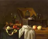 Pieter Hermansz Verelst, Still Life with a Chest, Dish, Rummer, Columbine Cup, Pomegranate, Lemons, and Olives, Oil on canvas (relined)