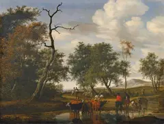 Cattle by a Pond (The Robbery) by Salomon van Ruysdael, Oil on canvas (relined), sold May 2019