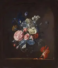 Willem van Aelst, Glass Vase with Roses, Iris, Marigolds, and Tulips in a Niche, Oil on canvas (relined)