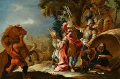 German School circa 1700, Alexander the Great Discovers Diogenes in the Barrel, Oil on copper