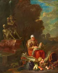 Peter Snyers, Kitchen Maid by a Fountain, Oil on canvas (relined)
