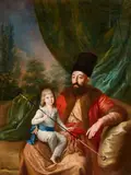 French School 18th century, Portrait of a Gentleman in Ottoman Dress holding a Boy, Oil on canvas (relined)