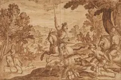 Antonio Tempesta, Wild Boar Hunt, Brown ink and wash on paper, mounted on laid paper