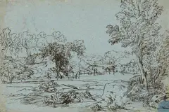 Water Landscape by Annibale Carracci, Brown ink on blue paper, sold May 2019