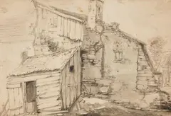 Herman Saftleven, Old Peasant's Cottage with a Barn, Grey ink and wash on paper, mounted on laid paper
