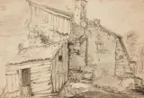 Herman Saftleven, Old Peasant's Cottage with a Barn, Grey ink and wash on paper, mounted on laid paper
