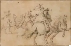 Three Riders and a Horse by attributed to Anthonie Palamedesz, Black chalk on laid paper, sold May 2019