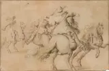 attributed to Anthonie Palamedesz, Three Riders and a Horse, Black chalk on laid paper