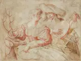 German School late 17th century, A Couple Making Music and a Deer, Red and brown ink on parchment