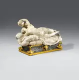 Venus and Cupid by Italy 1st half 18th century, Marble, carved in the round and partially freestanding. The nude Venus lies recumbent on a bed with her upper body leant, sold May 2019