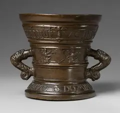 A dated Hachmann mortar with a nereid, A dated Hachmann mortar with a nereid, Cast bronze with dark brown lustrous patina. Decorated with a vacant heraldic shield supported by two winged half-figures. The reverse with a fish-tailed woman flanked by lions rampant. A broad banderole surrounding the rim inscribed in Gothic minuscule "leonhardt v. pier schenkt schuren dese visell", the base "ANNO DOMINI 1585" with dogs hunting rabbits. H 15.5, D
