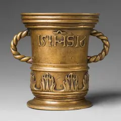 Werkstatt Löffler, A rare dated mortar with the Nomen Sacrum, Golden yellow bronze with natural patina. Conical vessel with disc form base and protruding moulded rim. Cast with the Christogramm flanked by the date "1516" and a conjoined "MA" monogram alonside the owner's initials "dF" and "MH". A high moulding to the centre above a band of large acanthus leaves. Twisted C-shaped handles. H 19.4, D