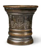 Werkstatt Grassmayr, A dated Grassmayr mortar with the Virgin in an aureola, Cast bronze with fine, slightly mottled brown patina. Cast to the vessel body with a series of motifs including sage leaves, vases of flowers, and a central depiction of the Virgin and Child, with the initials "P F" above the date "1682" in relief. H 18, D