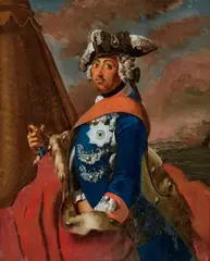 Johann Matthäus Bauhoff, Reverse glass painting with Friedrich II, Oil and gouache on reversed glas, mounted on a softwood panel and set in an ebonised frame. After the half-length portrait by Antoine Pesne with a battlefield in the background. Unsigned. Some very minor moisture damage to the lower right. Frame dimensions