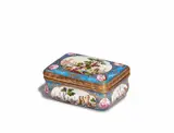 Christian Frederich Herold, A rare signed enamel snuffbox, Coloured enamel and gilding on copper corpus, with gilt copper mountings. Rectangular body with hinged lid. Decorated to all sides with quatrefoil reserves on blue enamel ground. The lid and base painted with pastoral scenes, the sides and spandrels of the lid with merchant navy scenes. The interior with two corresponding blue quatrefoil reserves on white ground, one with gilt foliage, strapwork, and trelliswork, the other with a star shaped gilt lace cartouche. Signed in the merchant navy scene in the base "Herold: a Meißen". Some wear to the enamel of the lower rim and interior, a restoration to the back left corner of the lid. H 3.7, W 7.4, D