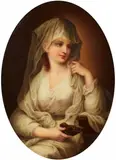 Angelika Kauffmann, A painted porcelain plaque with a lady as a Vestal Virgin, Oval panel with a half-length potrait of a lady in classical costume holding a Roman oil lamp. With an impressed signature to the reverse "E 4" and three older collection labels. H 15.5, W