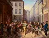August Diller, Berlin Street Scene (Eine Lokalposse), Oil on canvas