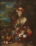 attributed to Jacob van der Borcht (Borght), Still Life with a Bust of Pan, Flowers, and Fruit in a Landscape, Oil on canvas (relined)