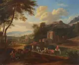Landscape with a Fortress, Shepherds, and Merchants by Adriaen Fransz. Boudewijns Pieter Bout, Oil on panel, offered Mar 2019