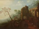 German School 18th century, Landscape with Ruins and Shepherds, Oil on panel