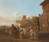 copy after Karel Dujardin, Landscape with a Commedia dell'arte Performance, Oil on canvas (relined)
