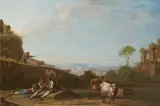 Franz de Paula Ferg, Landscape with Peasants at Rest, Oil on panel (parquetted)