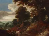 Flemish School 17th century, Wooded Landscape with Travellers and a Church, Oil on panel