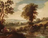 Flemish School 17th century, Riders and their Dogs in a Wooded Landscape, Oil on panel (parquetted)
