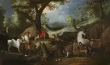Flemish School 17th century, Orpheus Charming the Animals, Oil on panel with backing (parquetted)