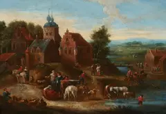 Flemish School circa 1700, Cattle Market in a Village, Oil on panel