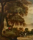 Kerstiaen de Keuninck, Wooded Landscape with Shepherds by a Chapel, Oil on panel