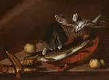 Johannes Kuveenis, Still Life with Fish and a Thieving Cat, Oil on panel