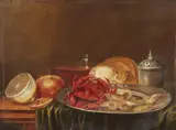 Still Life with a Crab and Shrimps, Bread, a Glass of Wine, and a Lemon by Netherlandish School 17th century, Oil on panel, sold Mar 2019