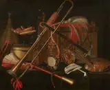 Netherlandish School second half 17th century, Still Life with a Coffer, Musical Instruments, Paint Palette, Hourglass, Precious Vessels, and Sweetmeats, Oil on canvas (relined)