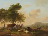 Balthasar-Paul Ommeganck, Landscape with a Herd of Cattle, a Maid, and a Hunter, Oil on panel