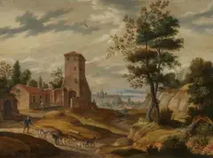 Southern Landscape with a Monastery by Izaak van Oosten, Oil on panel (parquetted), offered Mar 2019