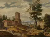 Izaak van Oosten, Southern Landscape with a Monastery, Oil on panel (parquetted)
