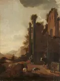 Adam Pynacker, Landscape with Ruins and Peasants, Oil on panel