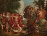 copy after Peter Paul Rubens, Meleager and Atlanta and the Hunt of the Calydonian Boar, Oil on panel (parquetted)