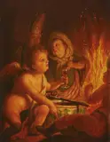 Three Putti as an Allegory of Winter by circle of Godefridus Schalcken, Oil on panel, offered Mar 2019