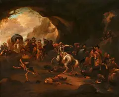 Dirck Stoop, Battle with Infantrymen and Cavalry in a Mountain Grotto, Oil on panel