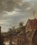 Landscape with Houses and a Bridge by circle of David Teniers the Younger, Oil on panel (parquetted), offered Mar 2019