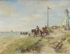 Gregor von Bochmann, Beach Scene with Riders and the Andreaskerk in Katwijk, Oil on canvas