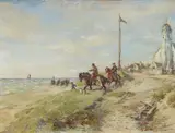 Gregor von Bochmann, Beach Scene with Riders and the Andreaskerk in Katwijk, Oil on canvas