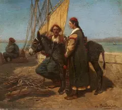 Theodor Breitwieser, Peasant Couple with a Donkey by a Harbour, Oil on panel