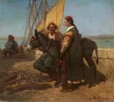 Theodor Breitwieser, Peasant Couple with a Donkey by a Harbour, Oil on panel