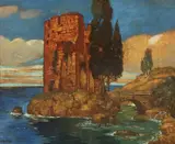 Alexander Frenz, Round Tower and Cypress Trees by the Sea, Oil on card