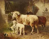 Otto Friedrich Gebler, Sheep, Lambs, and Chicks in a Stable, Oil on panel